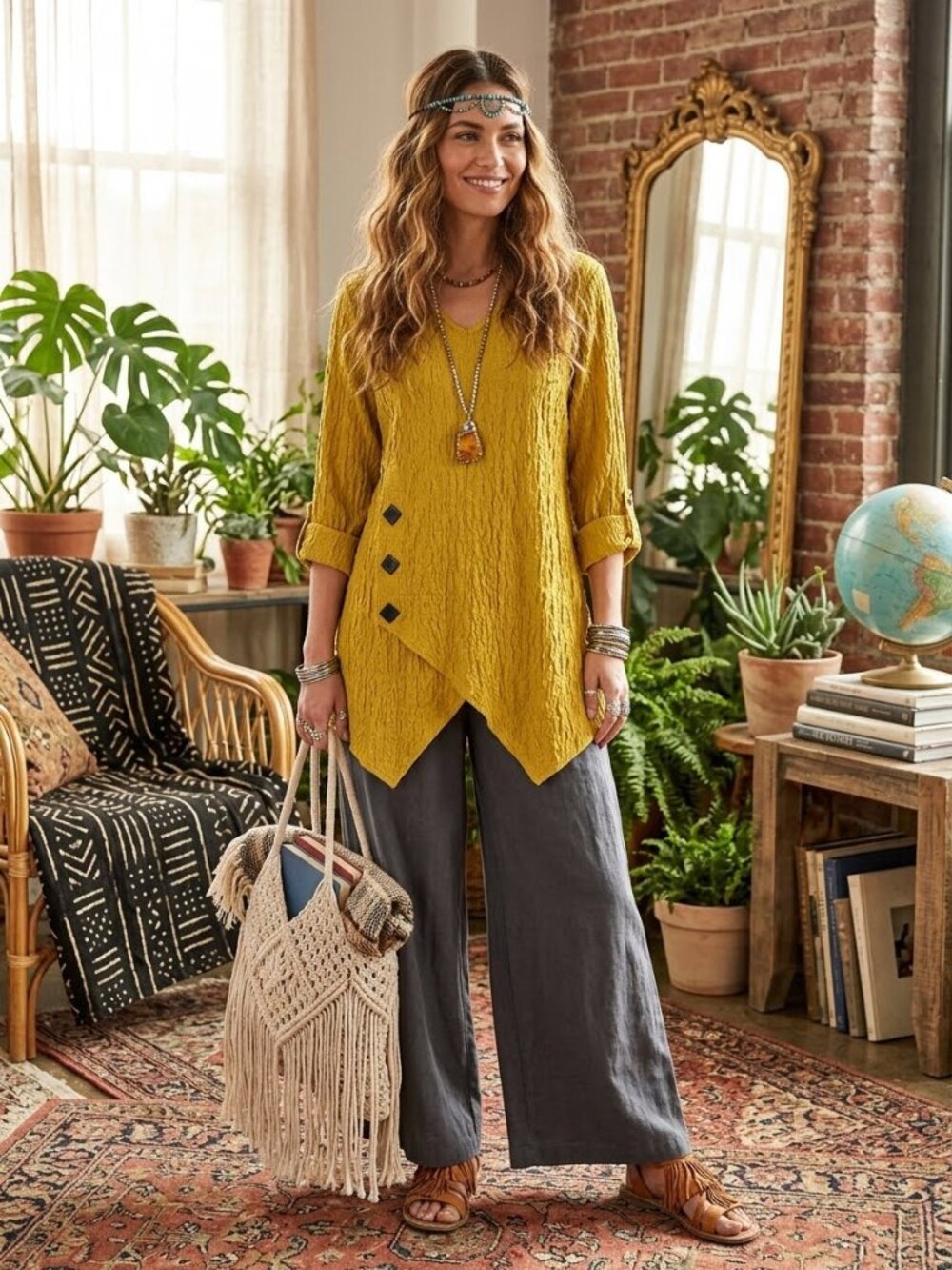Ali Miles Textured Roll-Tab Asymmetrical Hem Top-Tunic Size L in Mustard